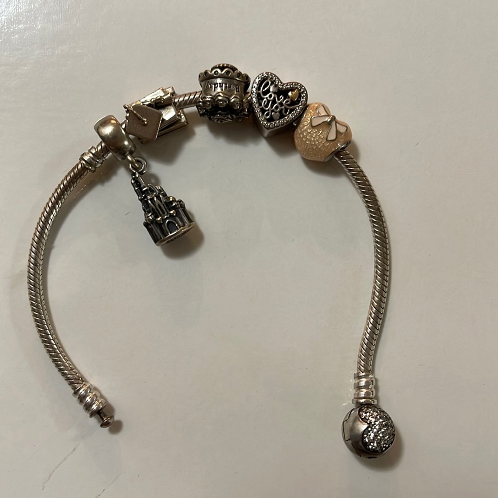 Pandora bracelet with 5 charms.